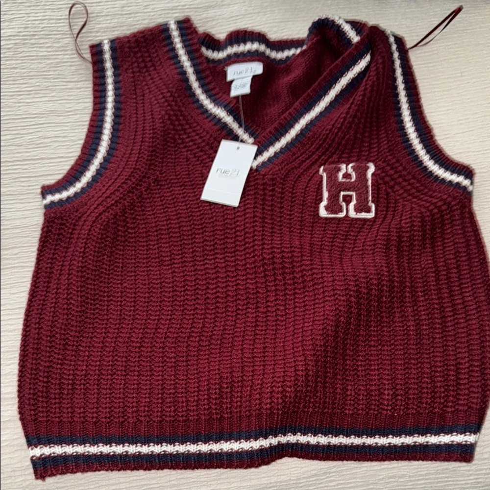 NWT Rue 21 Maroon Knit Sweater Vest with H Patch size L